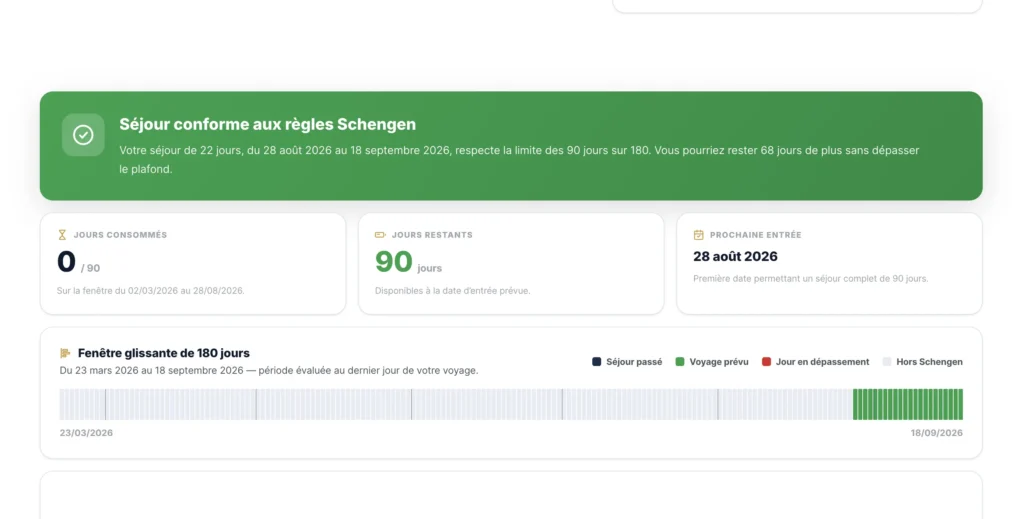 Calculateur Schengen 90/180 jours — vérification de séjour depuis le Maroc