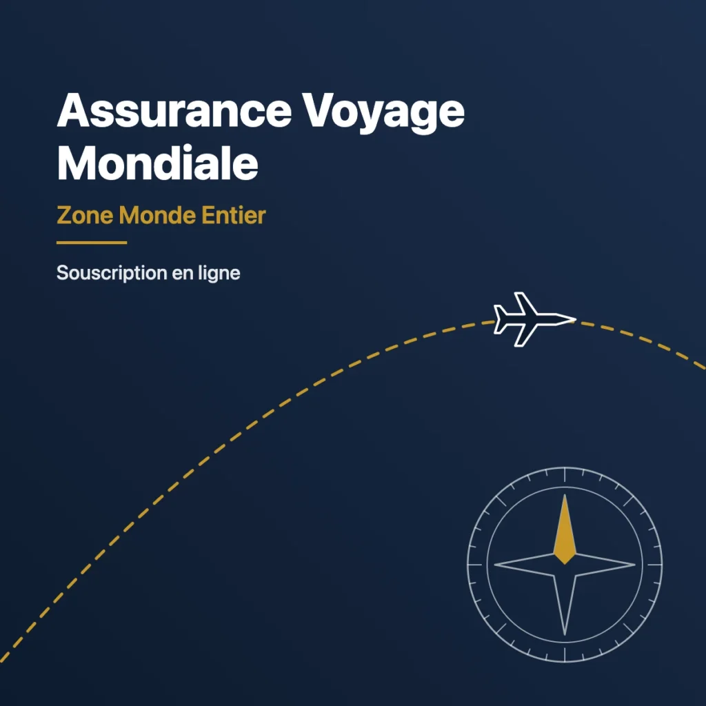 Visuel Assurance Voyage Mondiale : trajectoire d'avion en pointillés dorés et rose des vents sur fond bleu nuit