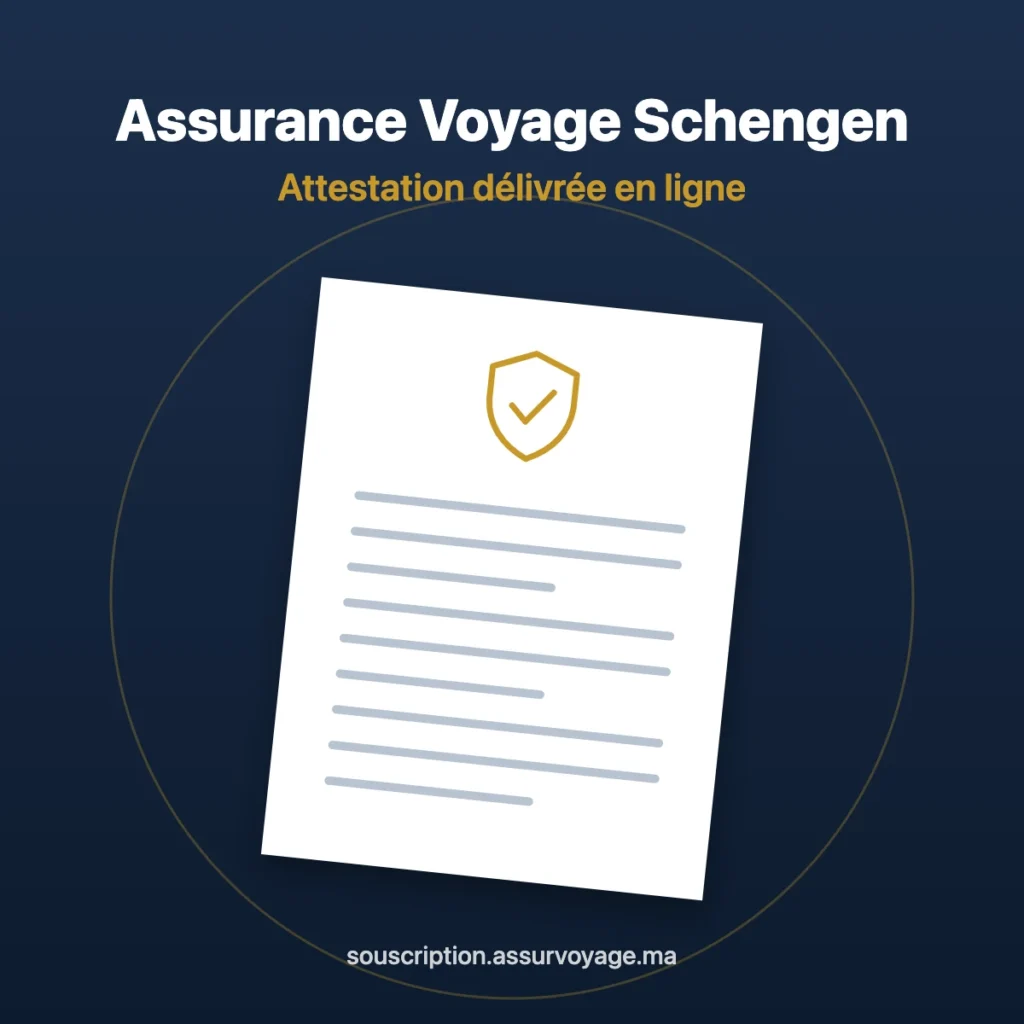 Attestation d'assurance Schengen en ligne : document surmonté d'un bouclier doré sur fond bleu nuit