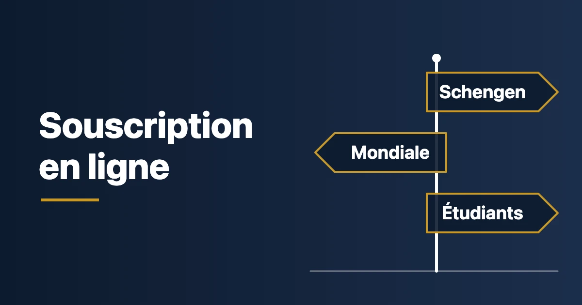 Souscription d'assurance voyage en ligne&nbsp;: panneau indicateur vers les assurances Schengen, Mondiale et Étudiants